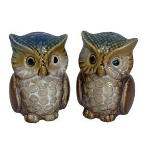 Vintage OWL salt and pepper shakers ceramic Gold Teal
